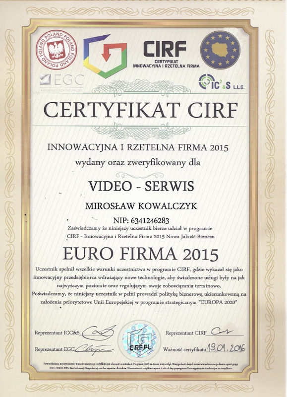 Serwis RTV VIDEO-SERWIS Mirosław Kowalczyk Certyfikat Innowacyjna i Rzetelna Firma